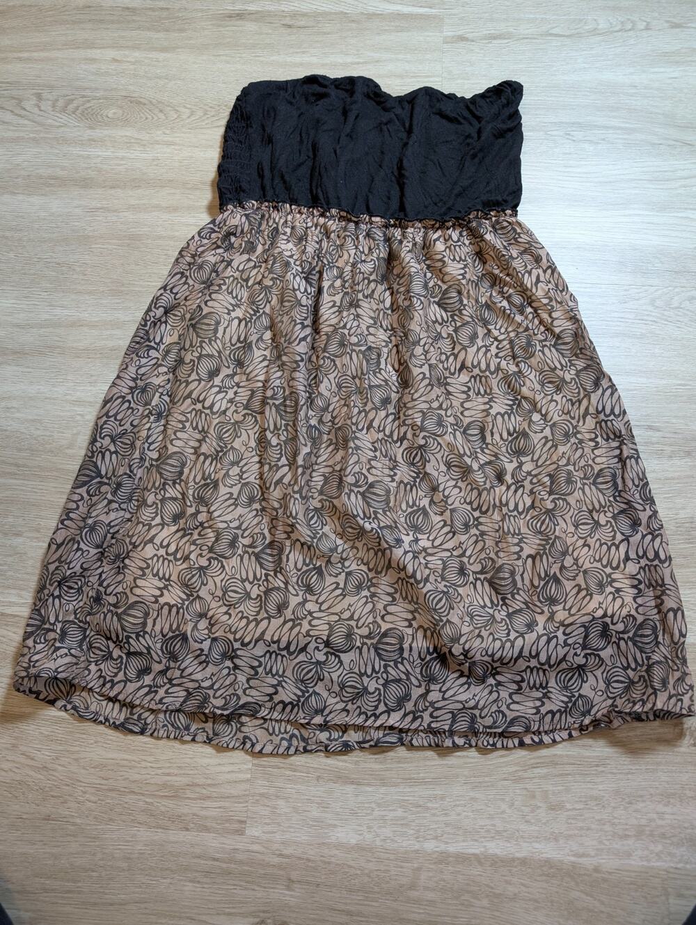 Bee Stitched Women Large Y2K Strapless Tube Dress Smocked Top Tan Black Abstract